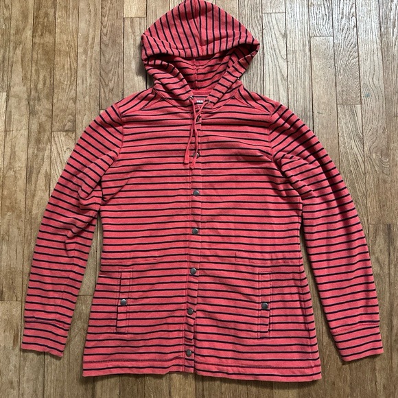 LL Bean Zip Up Hoodie Striped Snap Size Small Red Black Casual - Picture 1 of 8